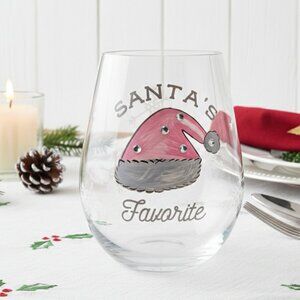 Painted & Rhinestone Jeweled 'Santas Favorite' Stemless Wine Glass, New